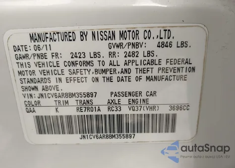 2011 Infiniti G37X from USA, damaged, VIN JN1CV6AR8BM355897